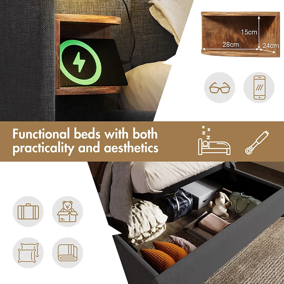 Lit coffre 180x200 cm - Lit double capitonné avec table de chevet et lampe de lecture - Lin - Sans Matelas - Gris