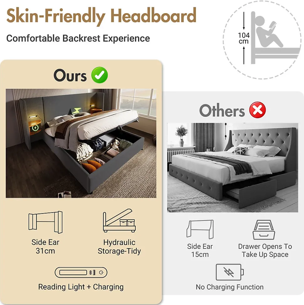 Lit coffre 180x200 cm - Lit double capitonné avec table de chevet et lampe de lecture - Lin - Sans Matelas - Gris