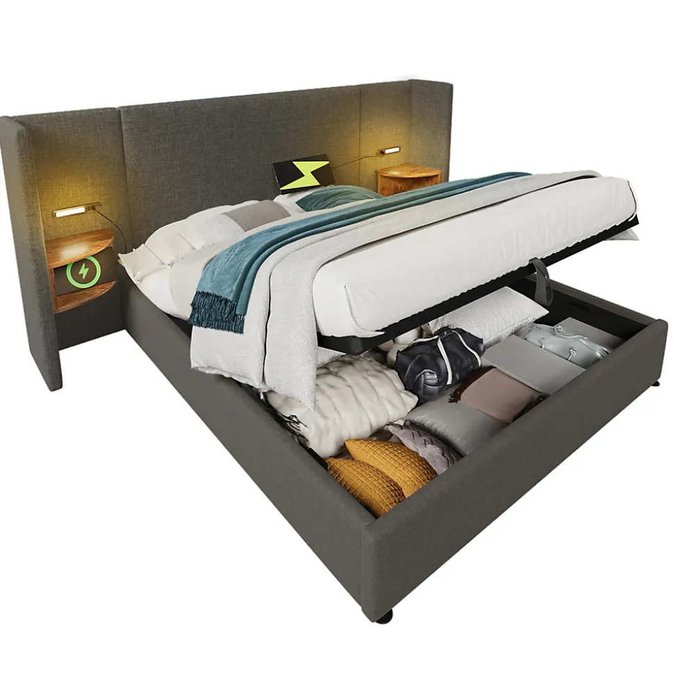 Lit coffre 180x200 cm - Lit double capitonné avec table de chevet et lampe de lecture - Lin - Sans Matelas - Gris