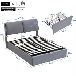 Lit coffre 140x190 cm - lit double capitonné élégant en velours avec 3 tiroirs et rangement hydraulique - gris - sans matelas