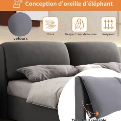 Lit coffre 140x190 cm - lit double capitonné élégant en velours avec 3 tiroirs et rangement hydraulique - gris - sans matelas