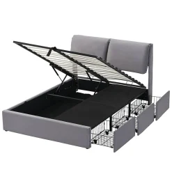 Lit coffre 140x190 cm - lit double capitonné élégant en velours avec 3 tiroirs et rangement hydraulique - gris - sans matelas