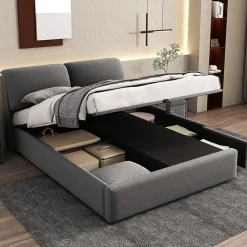 Lit coffre 140x190 cm - lit double capitonné élégant en velours avec 3 tiroirs et rangement hydraulique - gris - sans matelas