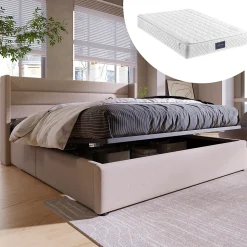 Lit coffre 160x200 cm - Lit double capitonné avec sommier à lattes - Lin - Matelas Inclus - Beige