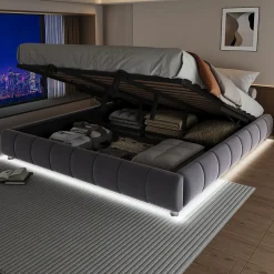 Lit Coffre 180x200 cm - Lit Double avec Éclairage LED, design Moderne et Espace de Rangement - Sans Matelas, Velours Gris