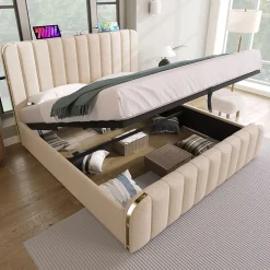 Lit coffre 180x200 cm - Lit double rembourré avec fonction USB Type-C - Lin - Sans Matelas - Beige