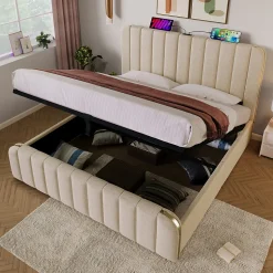 Lit coffre 180x200 cm - Lit double rembourré avec fonction USB Type-C - Lin - Sans Matelas - Beige