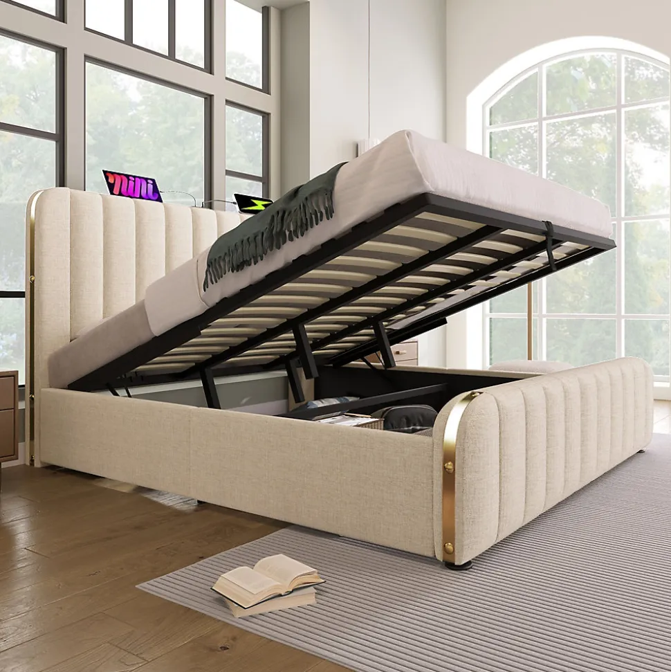 Lit coffre 180x200 cm - Lit double rembourré avec fonction USB Type-C - Lin - Sans Matelas - Beige