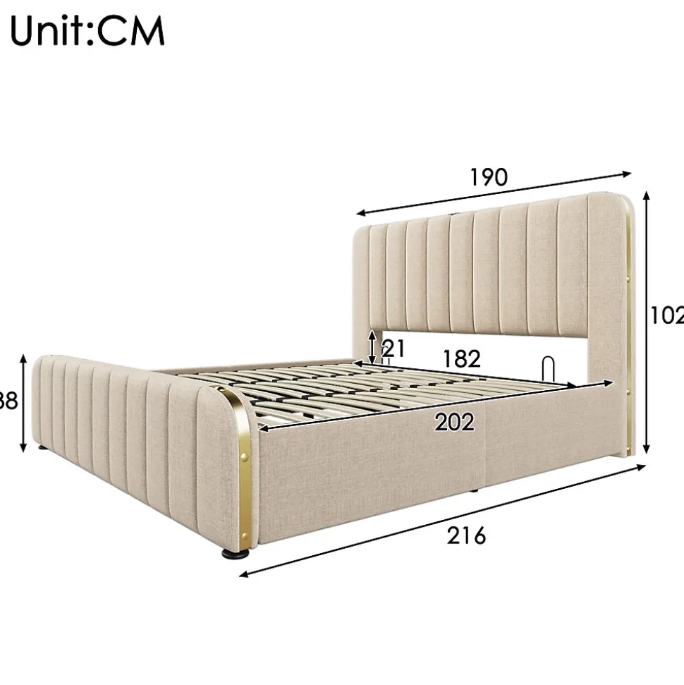 Lit coffre 180x200 cm - Lit double rembourré avec fonction USB Type-C - Lin - Sans Matelas - Beige