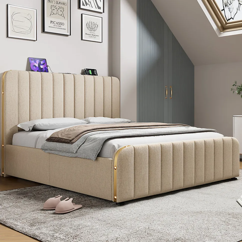 Lit coffre 180x200 cm - Lit double rembourré avec fonction USB Type-C - Lin - Sans Matelas - Beige