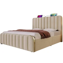 Lit coffre 180x200 cm - Lit double rembourré avec fonction USB Type-C - Lin - Sans Matelas - Beige