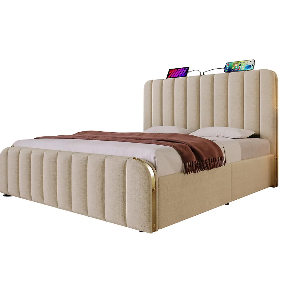 Lit coffre 180x200 cm - Lit double rembourré avec fonction USB Type-C - Lin - Sans Matelas - Beige