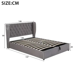 Lit coffre 140x190 cm - Lit double avec sommier à lattes et coffre hydraulique - Capitonné Velours - Sans Matelas - Gris