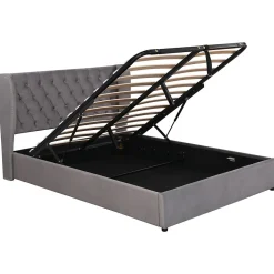 Lit coffre 140x190 cm - Lit double avec sommier à lattes et coffre hydraulique - Capitonné Velours - Sans Matelas - Gris