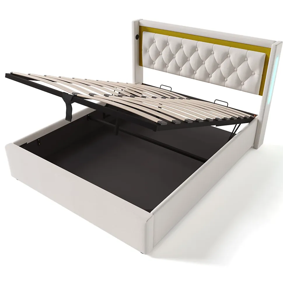 Lit coffre 160x200 cm - Lit double avec USB Type C et LED - Coton - Sans Matelas - Beige