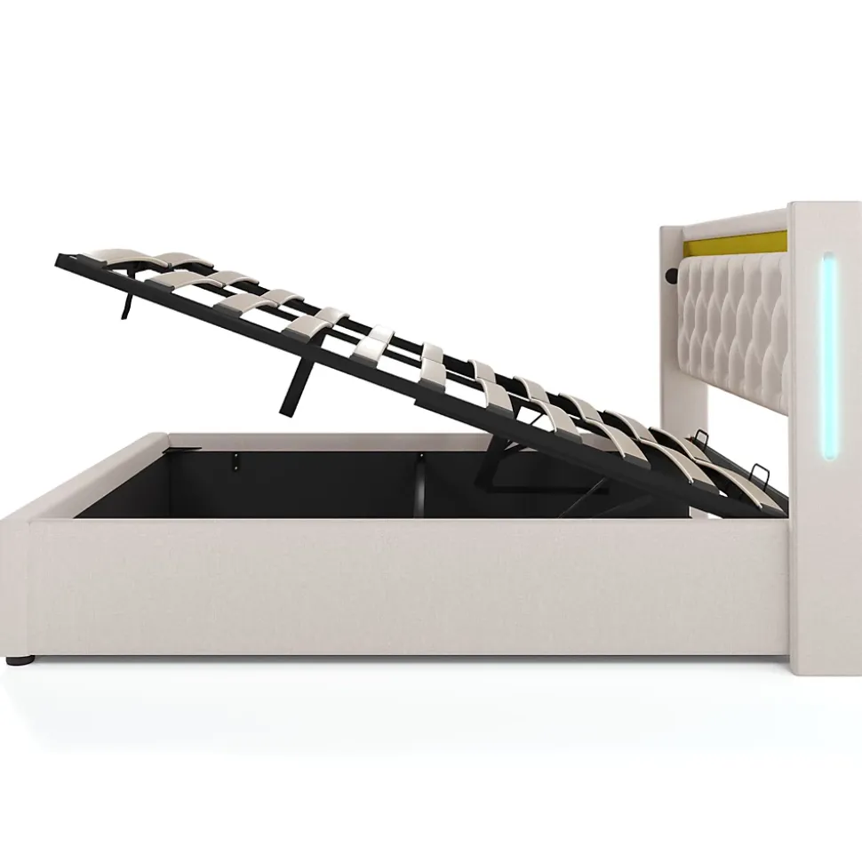 Lit coffre 160x200 cm - Lit double avec USB Type C et LED - Coton - Sans Matelas - Beige