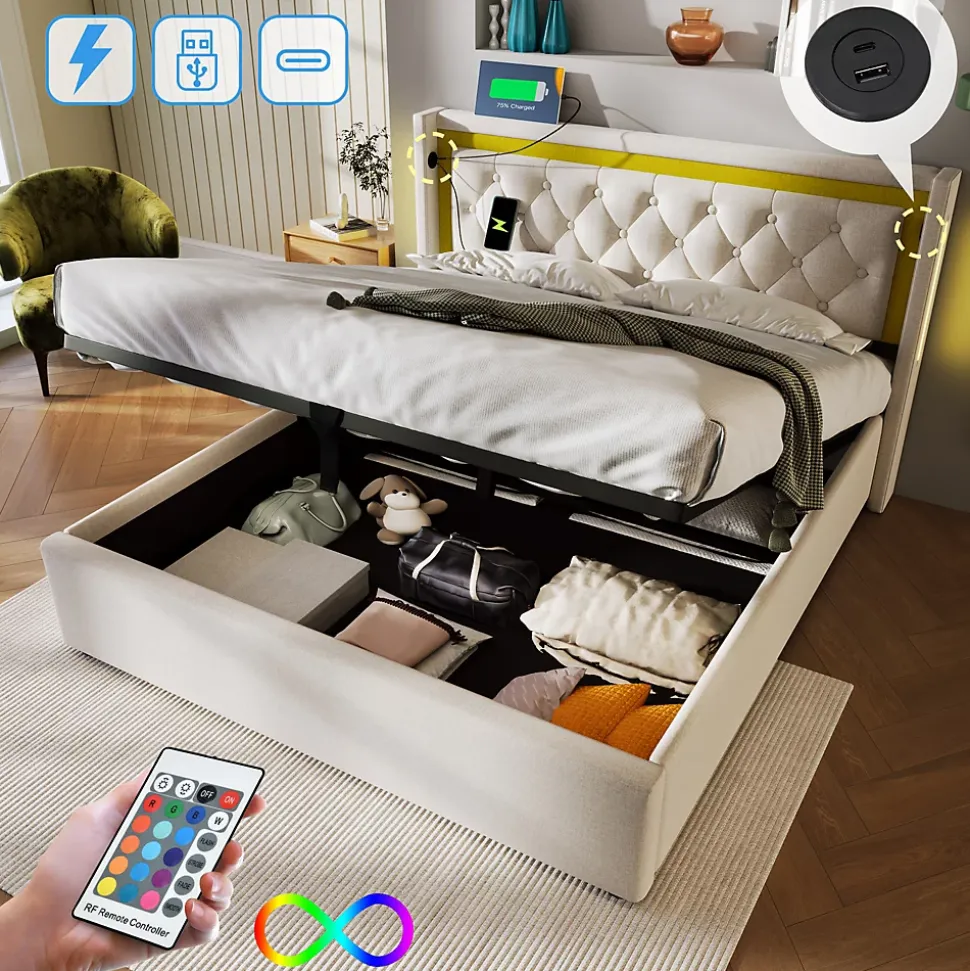 Lit coffre 160x200 cm - Lit double avec USB Type C et LED - Coton - Sans Matelas - Beige