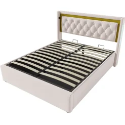 Lit coffre 160x200 cm - Lit double avec USB Type C et LED - Coton - Sans Matelas - Beige