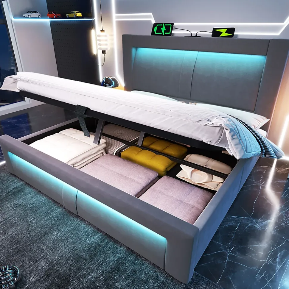 Lit Coffre 180x200 cm - Lit Double Capitonné avec LED Contrôlée par Application, Ports USB/Type-C - Sans Matelas - Gris