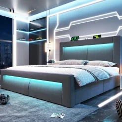 Lit Coffre 180x200 cm - Lit Double Capitonné avec LED Contrôlée par Application, Ports USB/Type-C - Sans Matelas - Gris