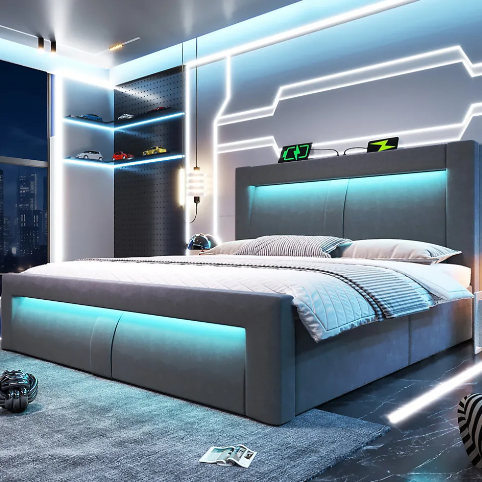 Lit Coffre 180x200 cm - Lit Double Capitonné avec LED Contrôlée par Application, Ports USB/Type-C - Sans Matelas - Gris