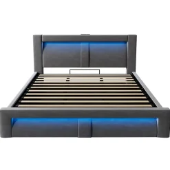 Lit Coffre 180x200 cm - Lit Double Capitonné avec LED Contrôlée par Application, Ports USB/Type-C - Sans Matelas - Gris