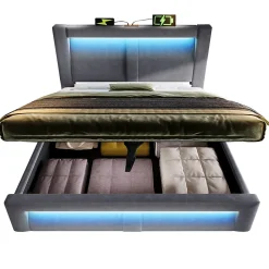 Lit Coffre 180x200 cm - Lit Double Capitonné avec LED Contrôlée par Application, Ports USB/Type-C - Sans Matelas - Gris