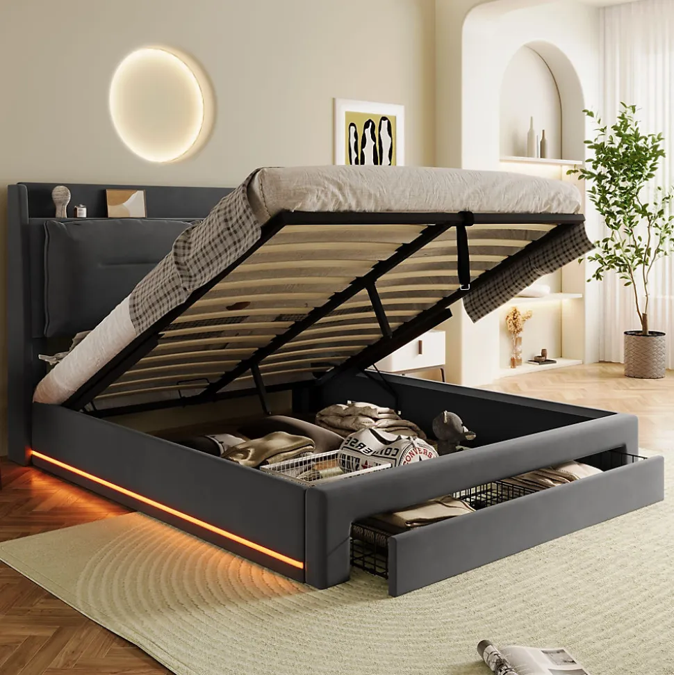 Lit coffre 140x190 cm - Lit Double Capitonné avec Tiroirs et Éclairage LED - Velours - Sans Matelas - Gris