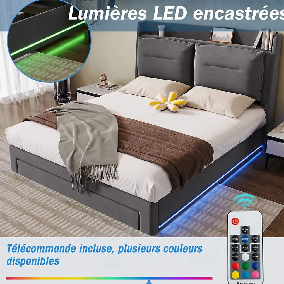 Lit coffre 140x190 cm - Lit Double Capitonné avec Tiroirs et Éclairage LED - Velours - Sans Matelas - Gris