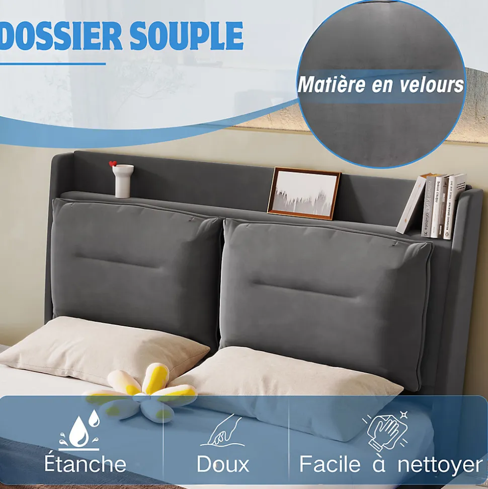 Lit coffre 140x190 cm - Lit Double Capitonné avec Tiroirs et Éclairage LED - Velours - Sans Matelas - Gris