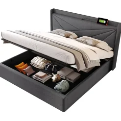 Lit Coffre 140x200 Cm - Lit Double avec Sommier à Lattes et USB Type C - Coton Bois Métal - Sans Matelas - Gris