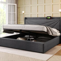 Lit Coffre 140x200 Cm - Lit Double avec Sommier à Lattes et USB Type C - Coton Bois Métal - Sans Matelas - Gris