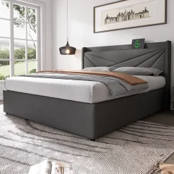 Lit Coffre 140x200 Cm - Lit Double avec Sommier à Lattes et USB Type C - Coton Bois Métal - Sans Matelas - Gris