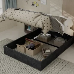 Lit Coffre 140x200 cm - Lit Double pour Adulte/Ado avec Système Hydraulique, Sans Matelas, en Velours Hollandais Gris