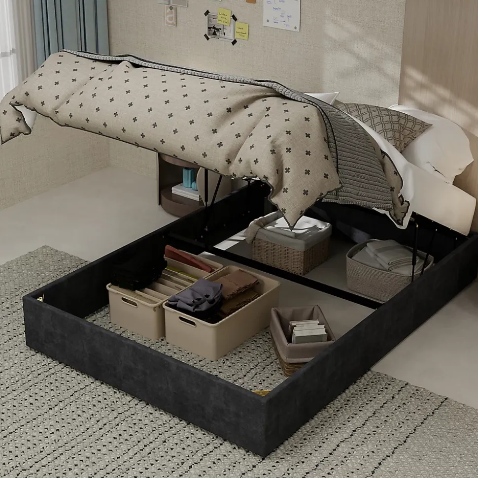 Lit Coffre 140x200 cm - Lit Double pour Adulte/Ado avec Système Hydraulique, Sans Matelas, en Velours Hollandais Gris