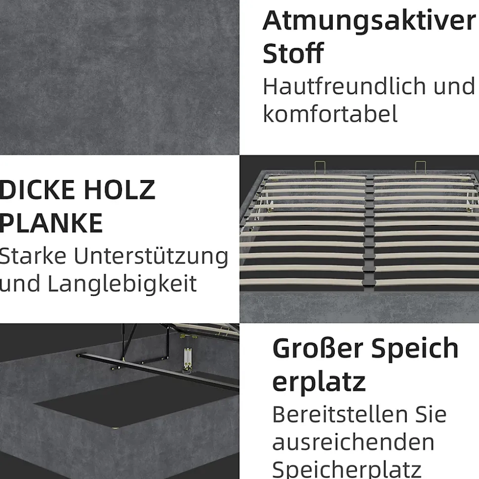 Lit Coffre 140x200 cm - Lit Double pour Adulte/Ado avec Système Hydraulique, Sans Matelas, en Velours Hollandais Gris