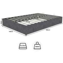Lit Coffre 140x200 cm - Lit Double pour Adulte/Ado avec Système Hydraulique, Sans Matelas, en Velours Hollandais Gris