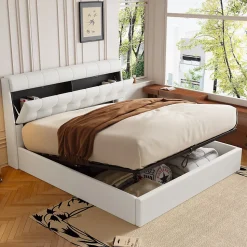 Lit Coffre 140x200 cm - Lit Double Capitonné avec Tête de Lit et Rangement Caché - PU - Sans Matelas - Blanc