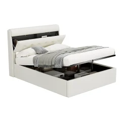 Lit Coffre 140x200 cm - Lit Double Capitonné avec Tête de Lit et Rangement Caché - PU - Sans Matelas - Blanc