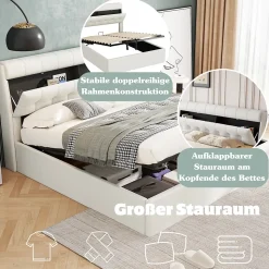 Lit Coffre 140x200 cm - Lit Double Capitonné avec Tête de Lit et Rangement Caché - PU - Sans Matelas - Blanc