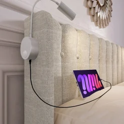 Lit Coffre 160x200 Cm - Lit Double avec Lampe de Lecture et Ports USB - Lin - Sans Matelas - Beige