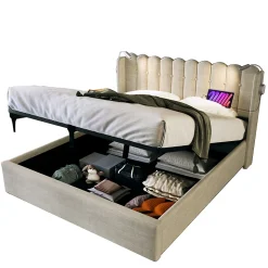 Lit Coffre 160x200 Cm - Lit Double avec Lampe de Lecture et Ports USB - Lin - Sans Matelas - Beige
