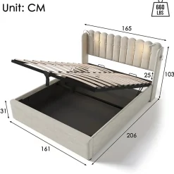 Lit Coffre 160x200 Cm - Lit Double avec Lampe de Lecture et Ports USB - Lin - Sans Matelas - Beige