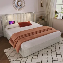 Lit Coffre 160x200 Cm - Lit Double avec Lampe de Lecture et Ports USB - Lin - Sans Matelas - Beige