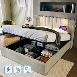 Lit Coffre 160x200 Cm - Lit Double avec Lampe de Lecture et Ports USB - Lin - Sans Matelas - Beige