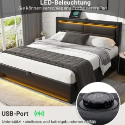Lit Coffre 140x200 cm - Lit Double Capitonné avec Port USB et Éclairage LED - Similicuir - Noir - Sans Matelas