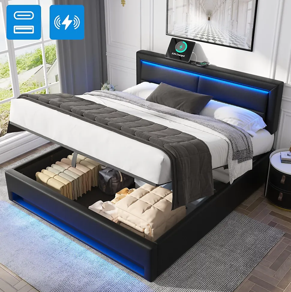 Lit Coffre 140x200 cm - Lit Double Capitonné avec Port USB et Éclairage LED - Similicuir - Noir - Sans Matelas