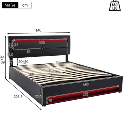 Lit Coffre 140x200 cm - Lit Double Capitonné avec Port USB et Éclairage LED - Similicuir - Noir - Sans Matelas