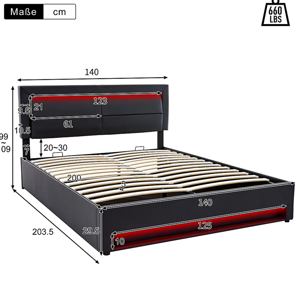 Lit Coffre 140x200 cm - Lit Double Capitonné avec Port USB et Éclairage LED - Similicuir - Noir - Sans Matelas