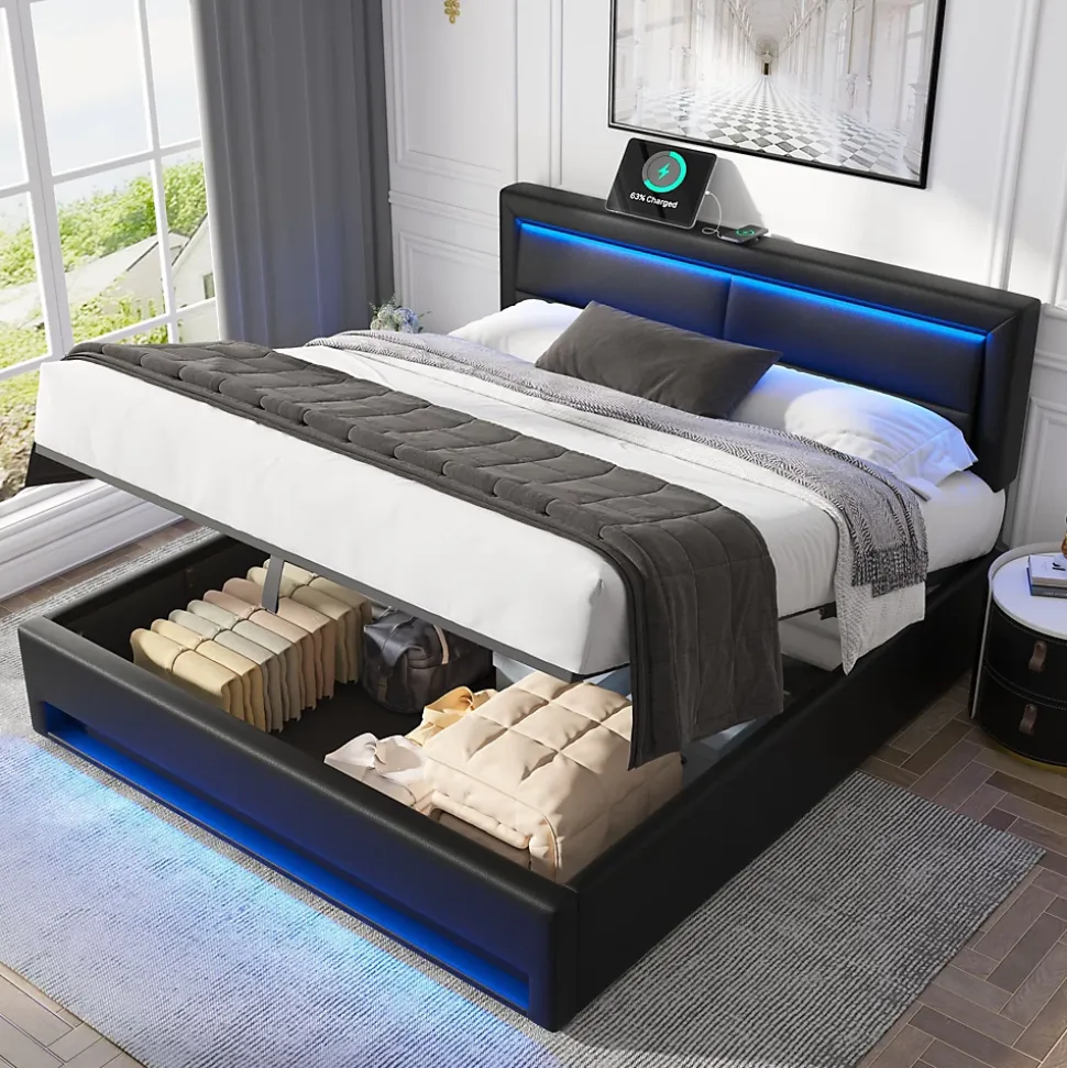 Lit Coffre 140x200 cm - Lit Double Capitonné avec Port USB et Éclairage LED - Similicuir - Noir - Sans Matelas